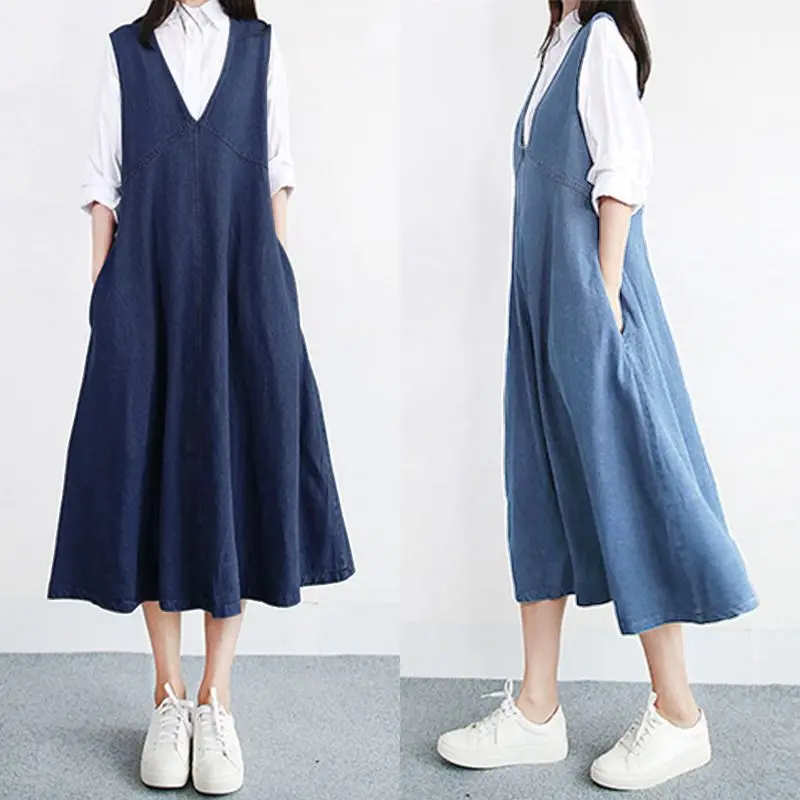 ZANZEA Women's Denim Sundress Female V Neck Summer Jeans Dress Ladies Sleeveless Tank Vestidos Casual Robe Femme Oversized