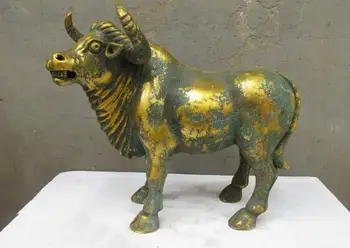 

13.5"Chinese Folk Classical Bronze Gild handwork ox Bull Cattle Cow Statue