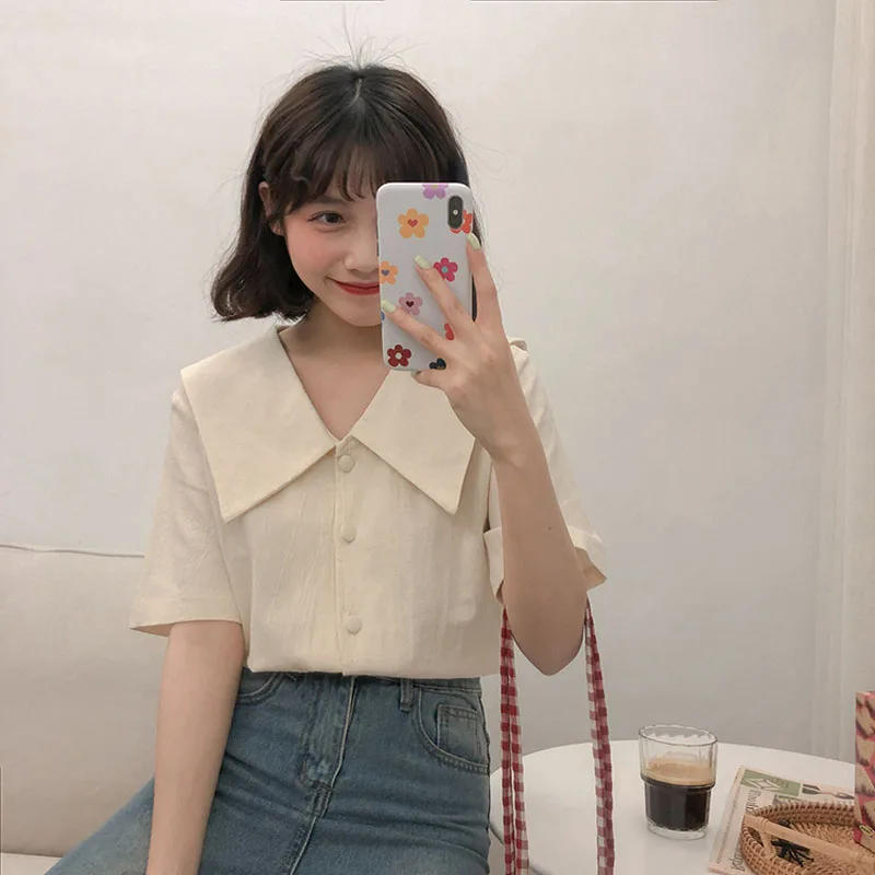  2019 New Korean Preppy Style Turn-down Collar Short Sleeve Shirt Women Summer Small Fresh Blouse Wo