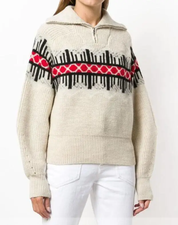 Curtis kaia gerber GRAPHIC JUMPER Half Zipper Neck Sailor Collarr Beige WOOL Blend SWEATERS Drop 