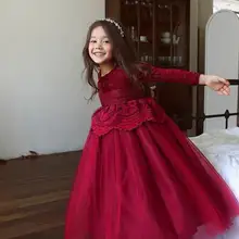 Новинка года, осенне-зимнее платье принцессы для девочек, кружевное газовое платье с длинными рукавами до щиколотки+ пояс, одежда для детей возрастом от 3 до 10 лет, E507
