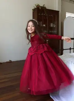 

2018 Autumn Winter New Girl Princess Dress Ankle Length Long Sleeve Lace Gauze Dress+Belt Children Clothing 3-10 Years E507