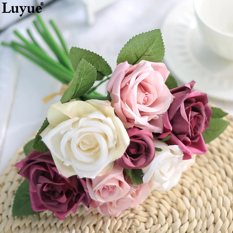 Luyue 9 головок шелковая искусственная Роза цветок Свадебный букет невесты цветок розы Имитация венка гирлянды растение домашний декор