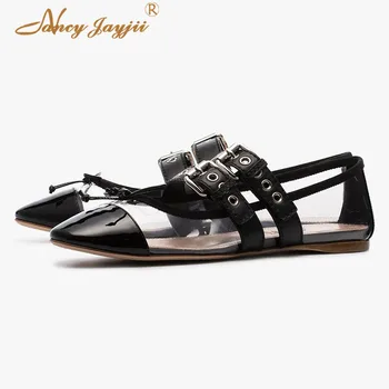 

Clear Women Ladies Flats Shoes Buckle Patent Leather Butterfly-knot Poited Toe Fashion Novelty Elegant Mature Party 2019