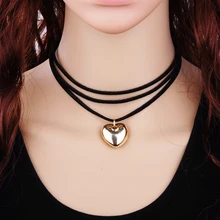 Многослойные Черный Кожаный Веревку Цепи Ожерелье Женщины Мода Velvet Choker Ожерелье Сердце Сплава Кулон Одежда Аксессуары