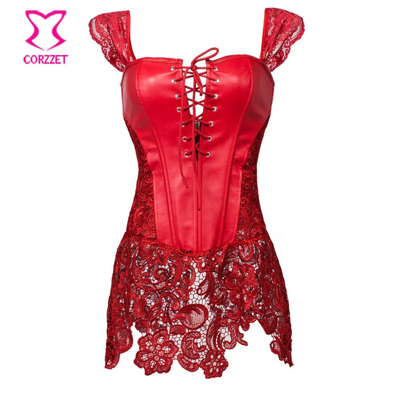 

S- 6XL Plus Size Corset Steampunk Clothing Faux Leather & Floral Lace Bustier Sexy Gothic Corsets Bustiers Burlesque Corselet