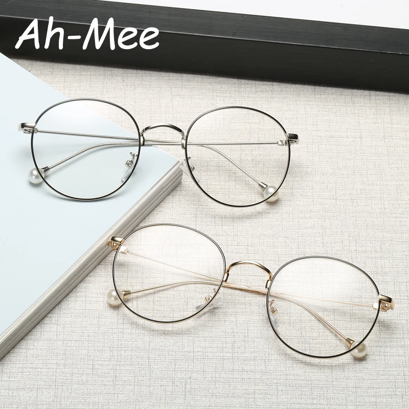 

Retro Metal Women Eyeglasses Frames Round Prescription Pearls Optical Computer Reading Glasses Clear Myopia Eyewear