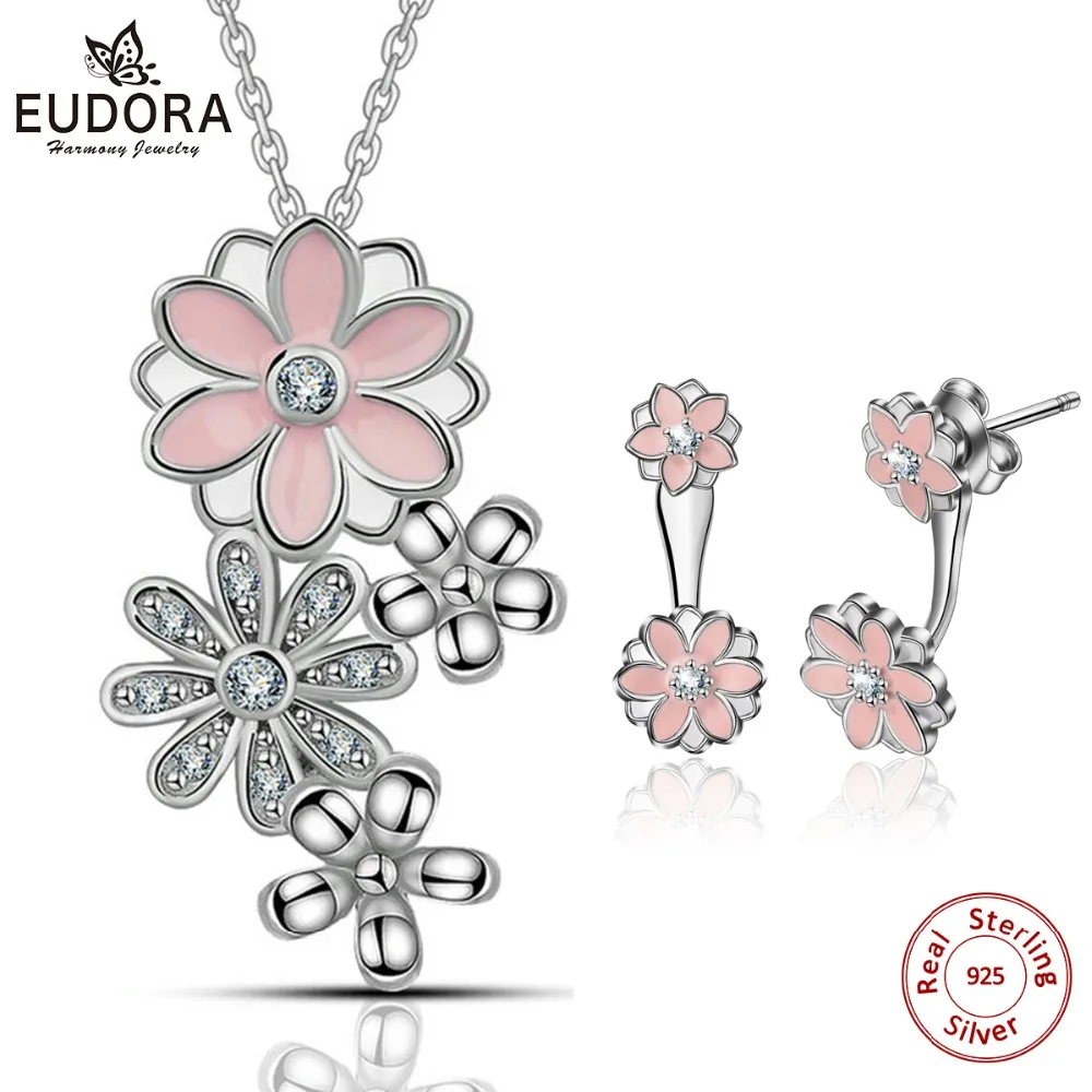 EUDORA 925 Sterling Silver Fashion Jewelry Set Pink Cherry Flower Pendant Necklace CZ Petal Drop Earring Women E05D073 | Украшения и
