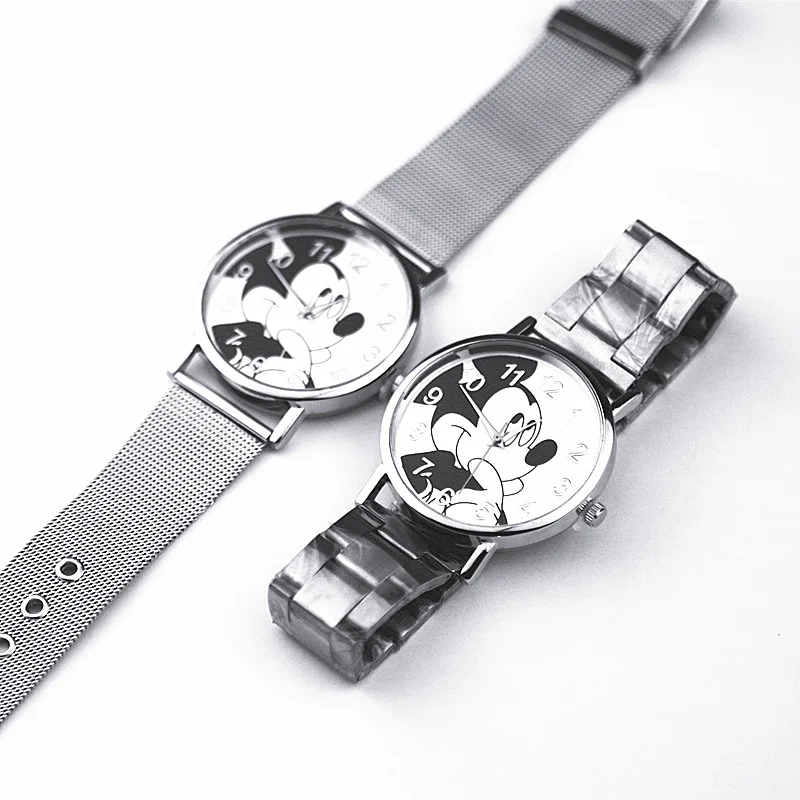Новые часы «Микки» Женские повседневные часы из нержавеющей стали с кожаным ремешком женские Серебристые Черные Водонепроницаемые кварцевые наручные часы