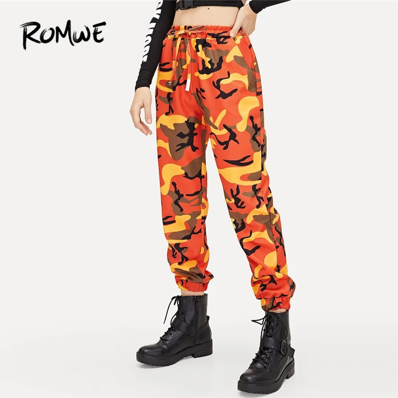 

ROMWE Camo Print Drawstring Waist Pants 2019 Posh Spring Autumn Mid Waist Crop Pants Stylish Women Camouflage Tapered Trousers