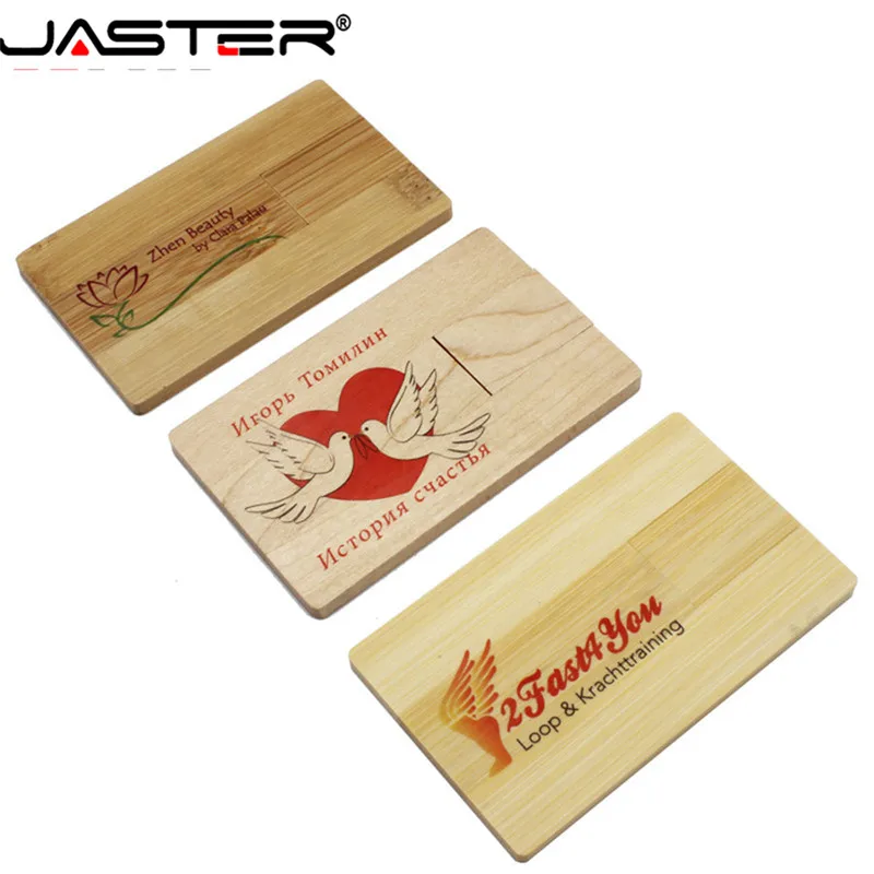 

JASTER Wood Card Shape USB Flash Drive with free Customized logo engraving USB 2.0 4GB 8GB 16GB 32GB 64GB Real Capacity