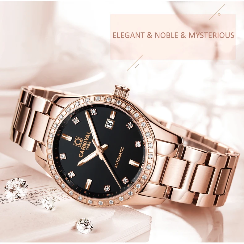 Карнавал розовое золото Кристалл сталь женские часы TopBrand Роскошные модные водонепроницаемые светящиеся Бабочка Пряжка relogio feminino