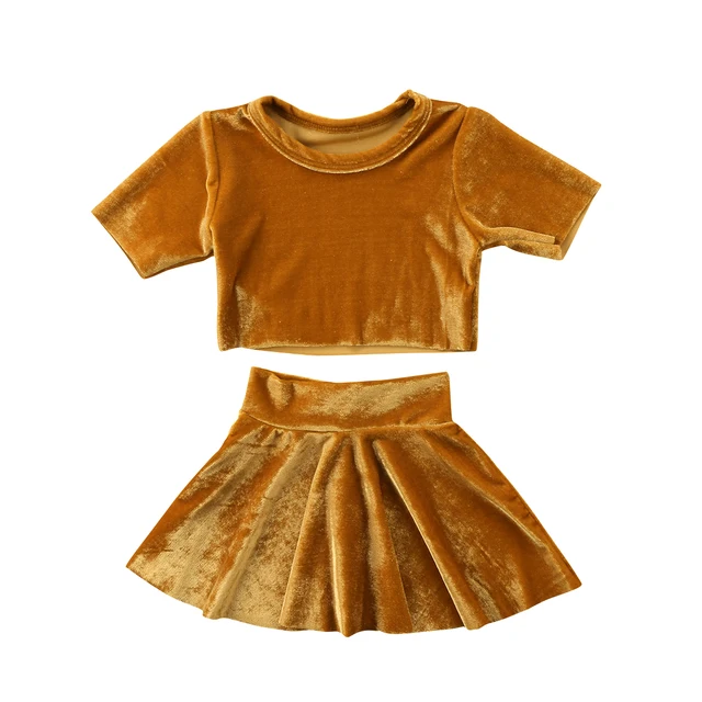 2018 Kids Baby Girls Velvet Short Sleeve Gold Yellow Crop Top Blouse