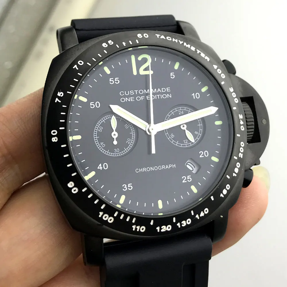 

Parnis 44mm watch men's rubber strap with black stainless steel case black dial quartz movement clock P1127-5