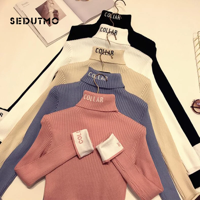 

SEDUTMO Winter Embroidery Sweater Women Pullovers Turtleneck Warm Jumper Letter Knitted Sweater Women Slim Stretch Top ED666