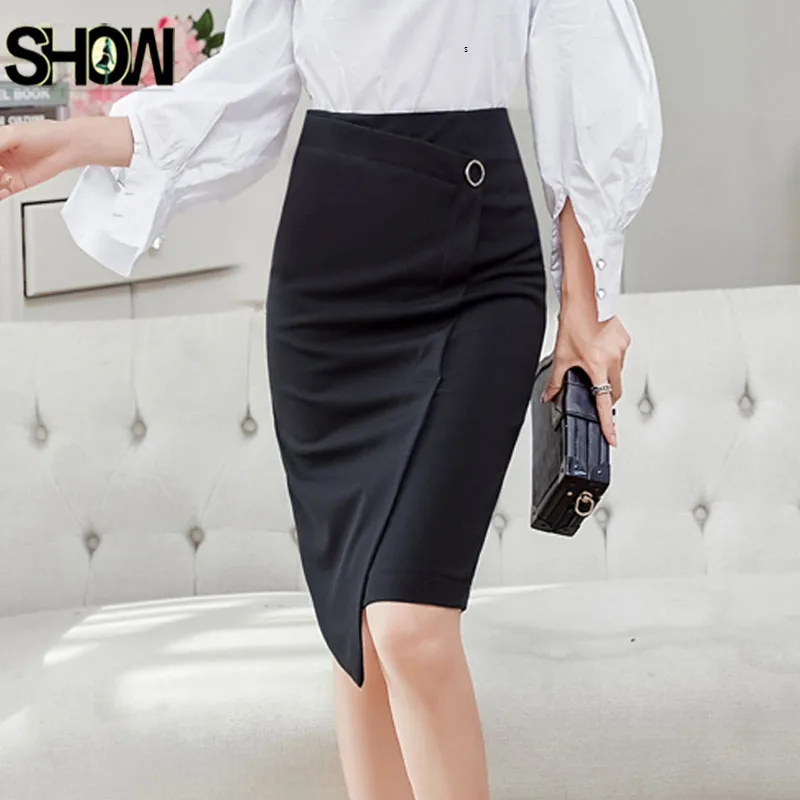 

2019 Pencil Skirts Hot Women Fashion Two Piece Skirt Set Elegant Office Lady Work Sheath Bandage High Waist Split Skirt Black
