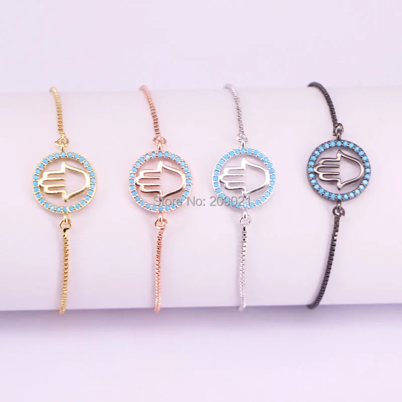 

10Pcs New Design Micro Pave Blue Tiny Stone Round Hand Hamsa Connector Bracelet For Girl Women Gift