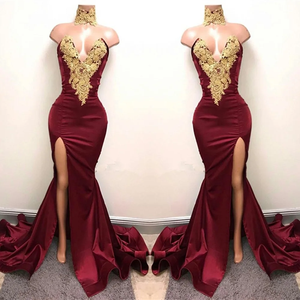 Sexy Burgundy Prom Dresses with Gold Lace Appliqued Mermaid Front Split for 2019 Long Party Evening Wear Gowns