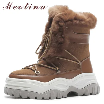 

Meotina Real Fur Snow Boots Women Natural Genuine Leather Flat Platform Ankle Boots Warm Wool Lace Up Shoes Lady Winter Size 40