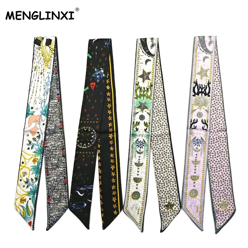 2018 New Skinny Scarf Constellation Print Women Silk Scarf Small Handle Bag Ribbons Female Headband Small Long Scarves & Wraps