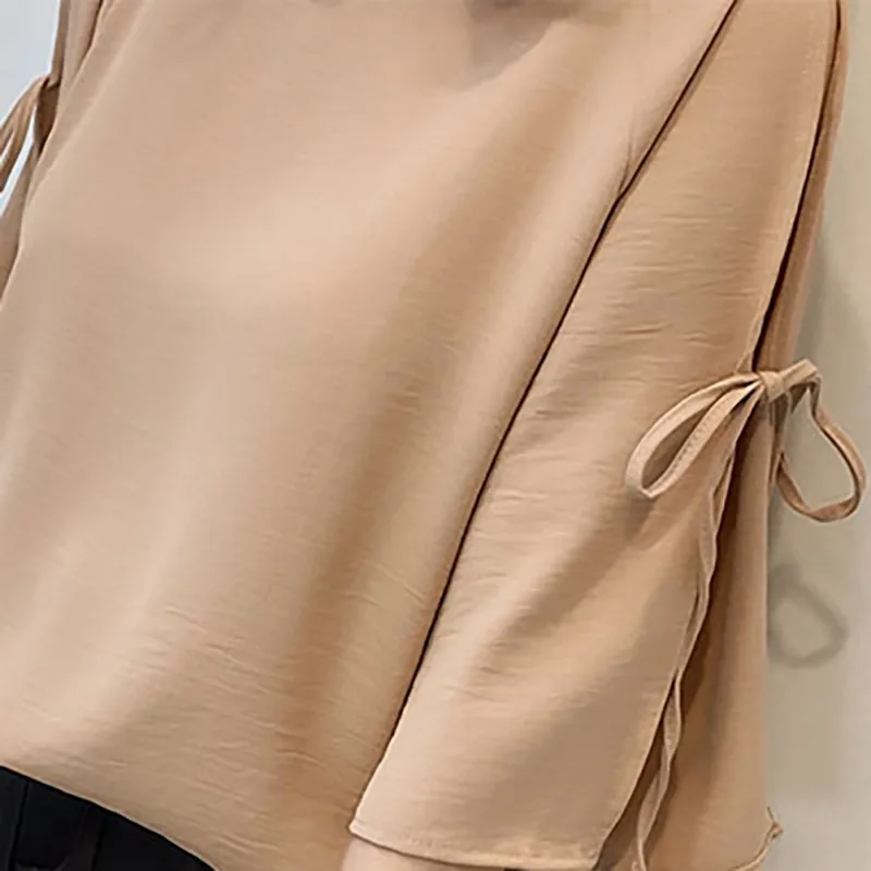 

New Fashion Women Bow Split Long Sleeve Shirts Summer Solid Color Casual Loose O Neck Blouses Tops Women Chiffon Blouse