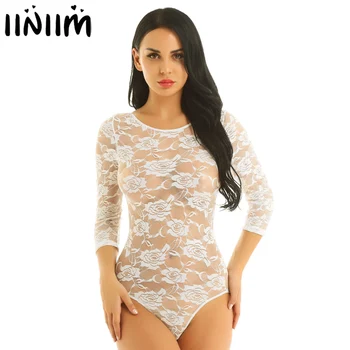 

Womens Lingerie Bodycon Sexy Bodystocking Scoop Neck Deep-U Back See Through Sheer Lace High Cut Leotard Bodysuit Nightwear