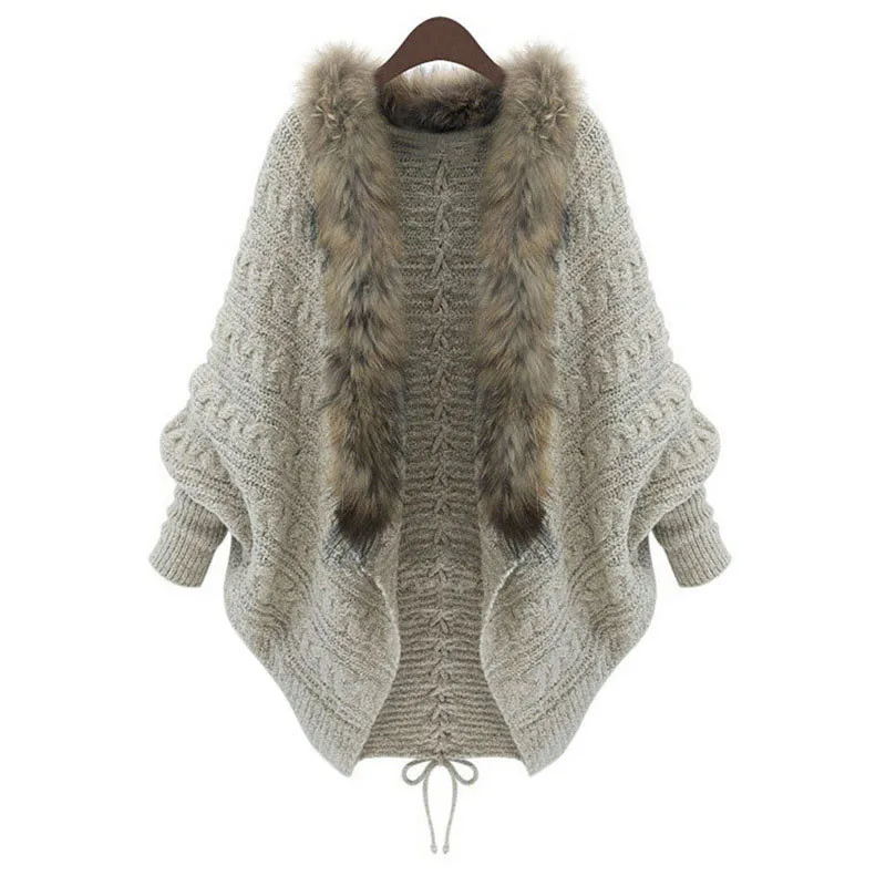 

New Batwing knitted shawl cardigan Hoodies women coat Autumn winter 2019 fashion warm jumper knitwear Ladies Fur collar Coats A7