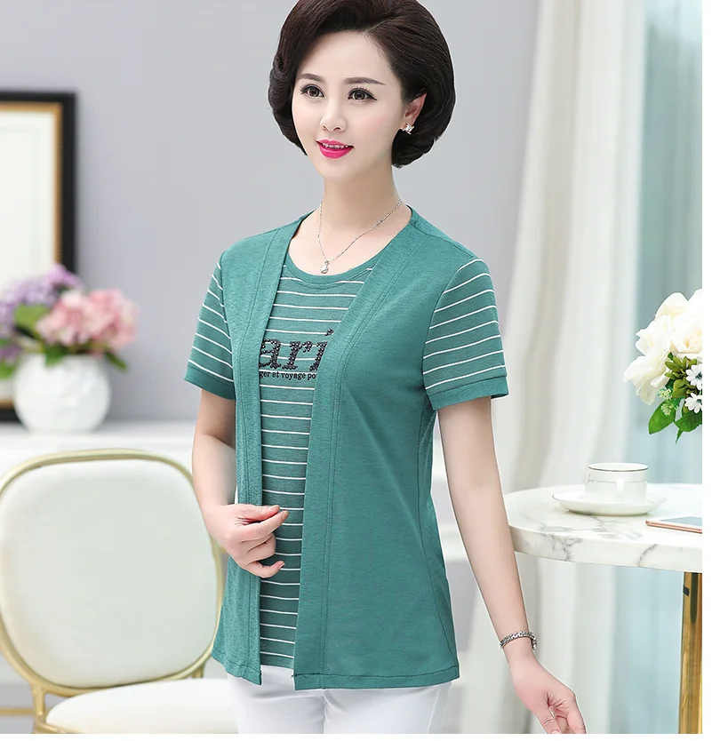 

Middle-Aged Woman Summer Top Fake Two-Piece Suit T-Shirt Casual Plus Size Xl-5XL 40-50 Years Old Mother Tshirt F318
