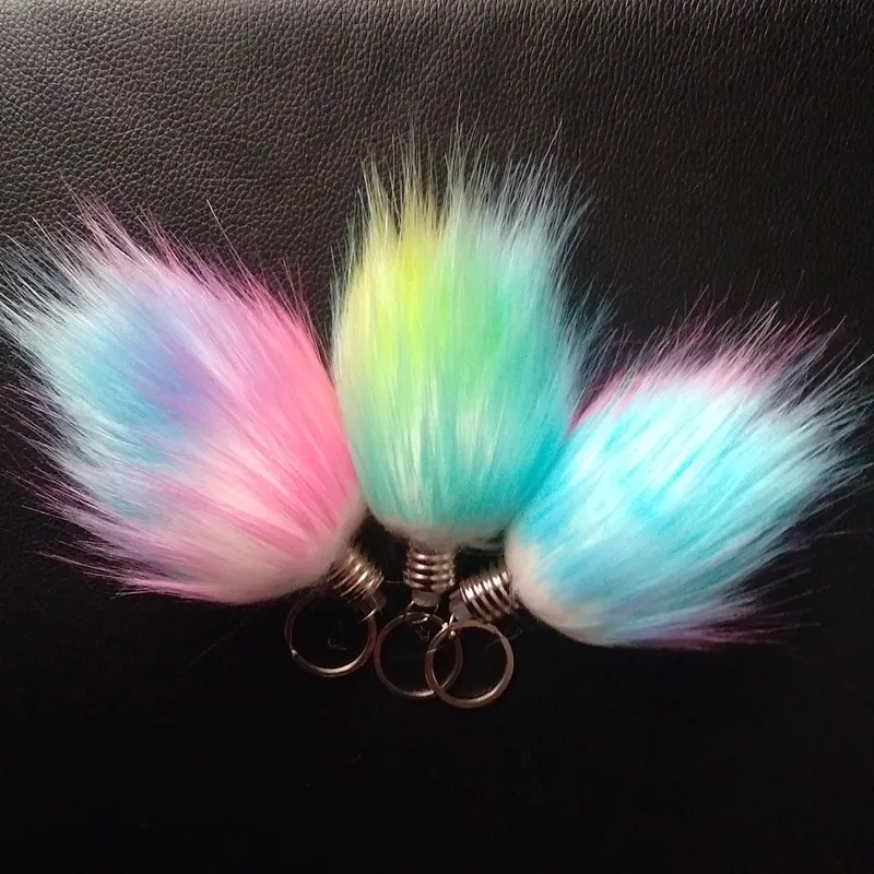 

Hot Sale Mini Cute Fake Fur Pompon Key Chain Touch 7 Color Changing LED Light Lamp Bulb Keychain Toy For Gift Dropshipping 12pcs