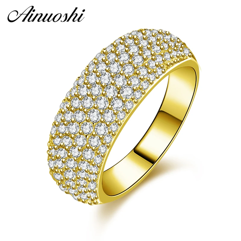 

AINUOSHI 10K Solid Yellow Gold Wedding Band Shinning 7 Rows Drill Band Cluster Ring Luxurious Engagement Ring Jewelry for Male