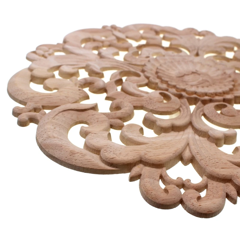 RUNBAZEF Woodcarving Furniture Decoration Solid Wood Door Round Applique Flower Him Miniature Crafts Figurine