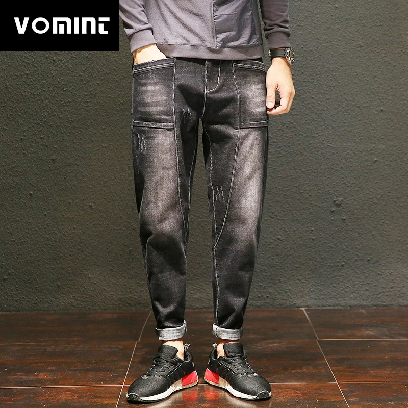 

Vomint 2019 New Mens Jeans Moustache Effect Halen Pants Stitching black Wash Distressed Jeans Casual Pant HLK5506