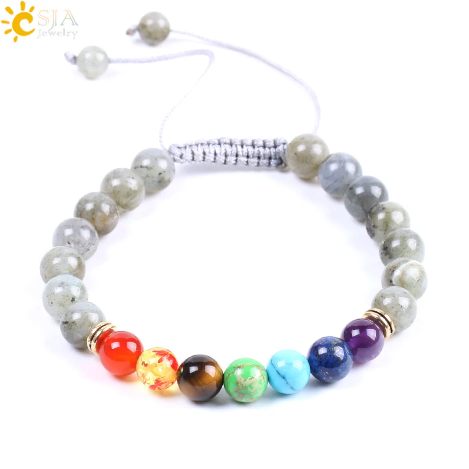 

CSJA 7 Chakra Bracelets Natural Stone Spectrolite Labradorite 8 Color Handmade Weaving Adjustable Rope for Women Men Bangle F090