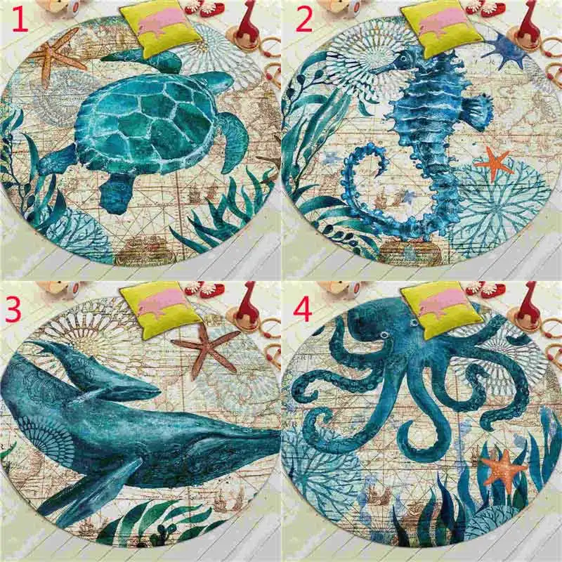 

Coral Velvet Computer Chair Floor Mat Sea Turtle Octopus Printed Round Carpet for Children Bedroom Play Tent Area Outdoor Rug