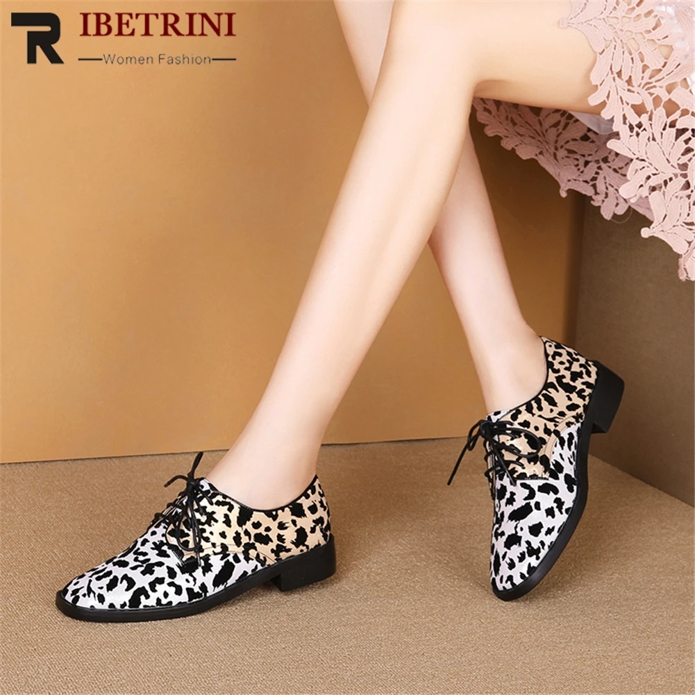 

RIBETRINI Brand New Leopard women's Genuine Leather Pumps Lace Up Shoes Woman Causal Party Ol Autumn Spring Pumps 2019