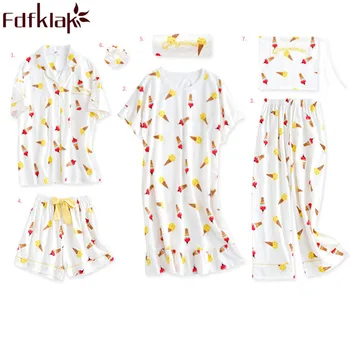 

Fdfklak High Quality Cotton Women Pajamas Set Short Sleeve Sleeping Pyjama Night Suit 7 Pieces Sleepwear Sets Pijama Mujer Q1073