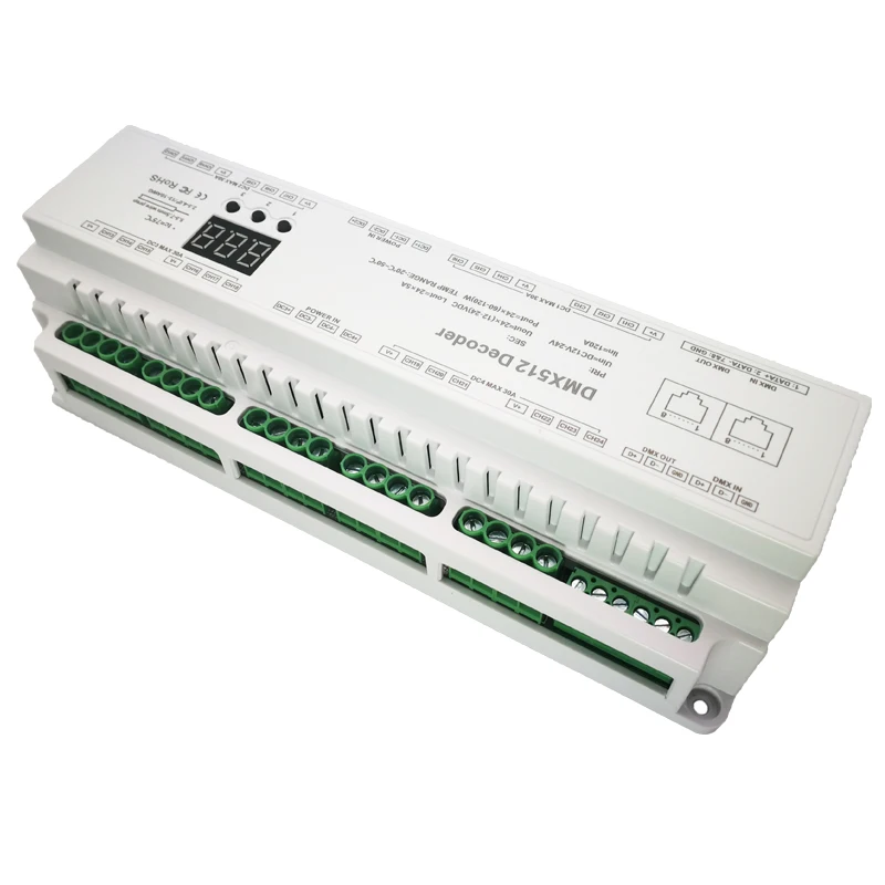 Светодиодный декодер DMX512 с постоянным напряжением 12В-24 В 5А* 24CH, светодиодный дисплей, настройка адресов, RJ45, 24 канала, DMX декодер