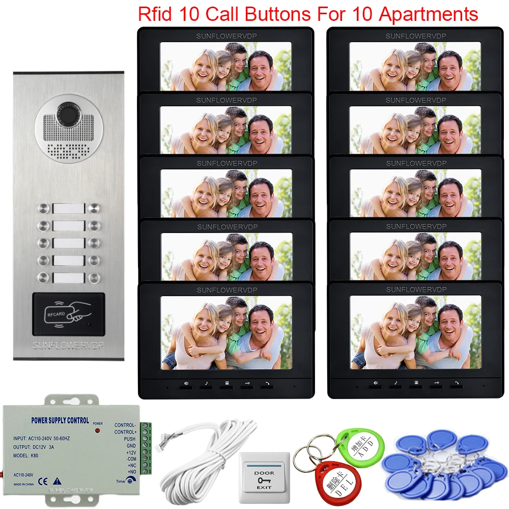 7 inchs цветной видеодомофон для квартиры Интерком, управление доступом на 10 кнопках видеодомофон для домашней внутренней двери