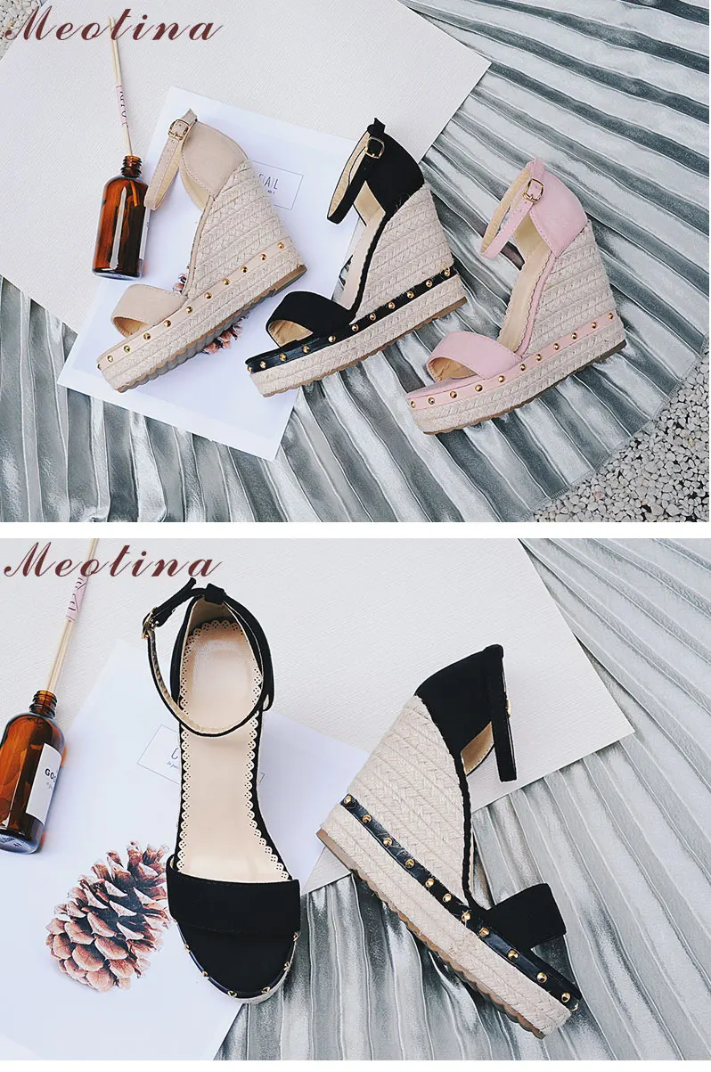 Meotina/женские босоножки; сезон лето; коллекция года; Босоножки на платформе; обувь на высоком каблуке; женские босоножки с ремешком на щиколотке; повседневная обувь с заклепками; цвет розовый, черный