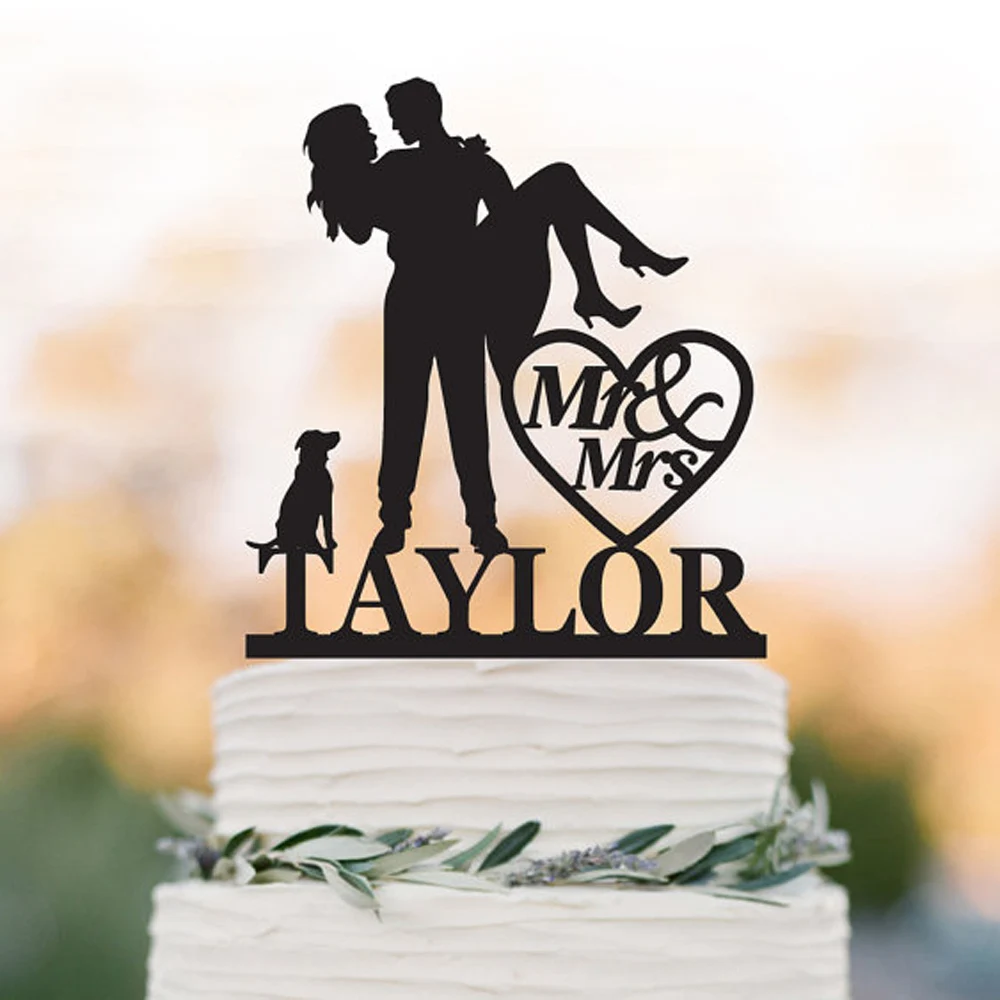Funny dog Wedding Cake topper, Groom Holding Bride cake topper with mr and mrs,Acrylic Silver golg cake topper with heart decor.