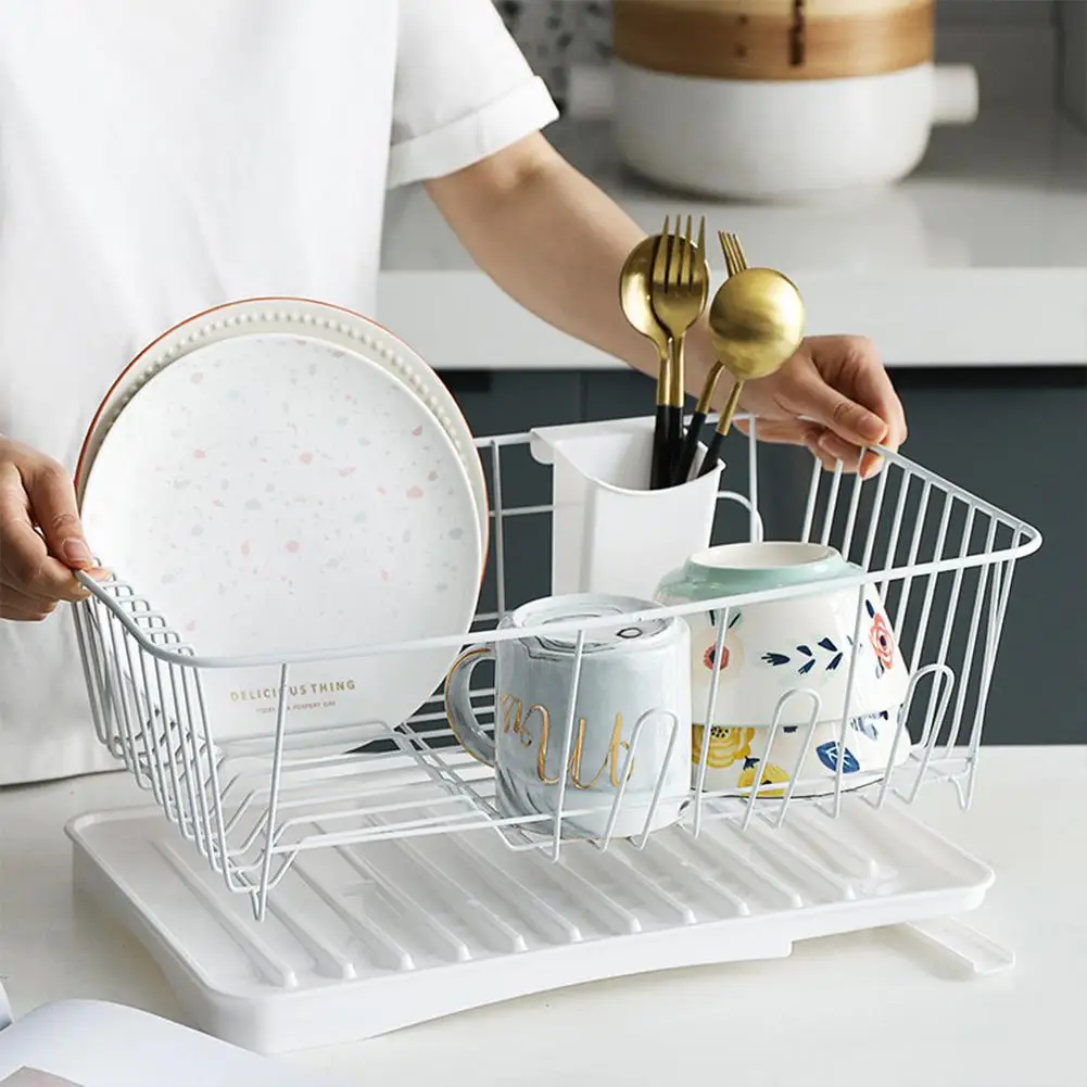

DSstyles Kitchen Tableware Rack Drying Rack Drainer Bowls Chopsticks Plate Cutlery Storage Iron Basket Draining with Tray
