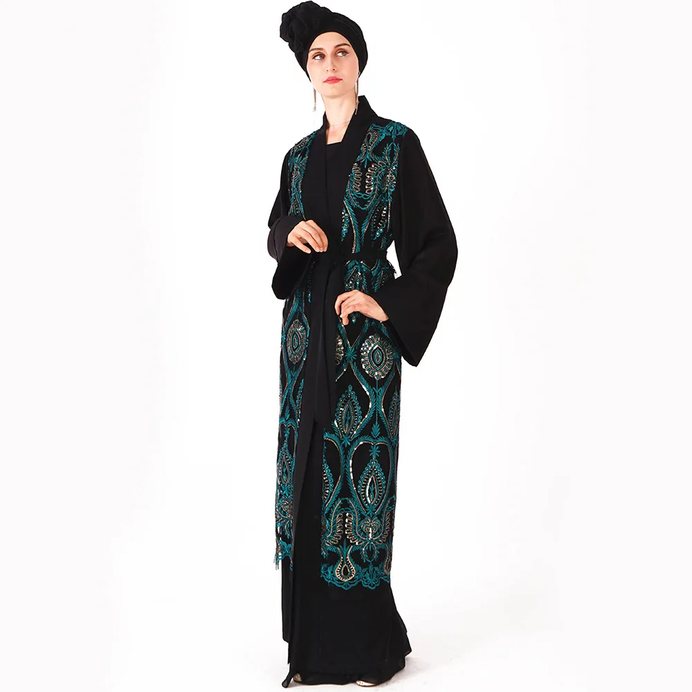 Рамадан 2019 Мусульманский Стиль; Ближний Восток Роскошные платья с шелковой блестки вышитые свободно открытые кожей Женская одежда Абаи