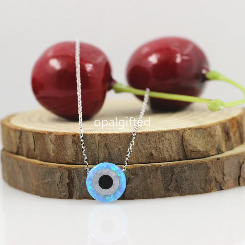 

1pc Dropshipping Evil Eye Necklace 925 silver Chain Necklaces 10mm synthetic opal evil eyes Fatima Women Jewelry Handmade Gift
