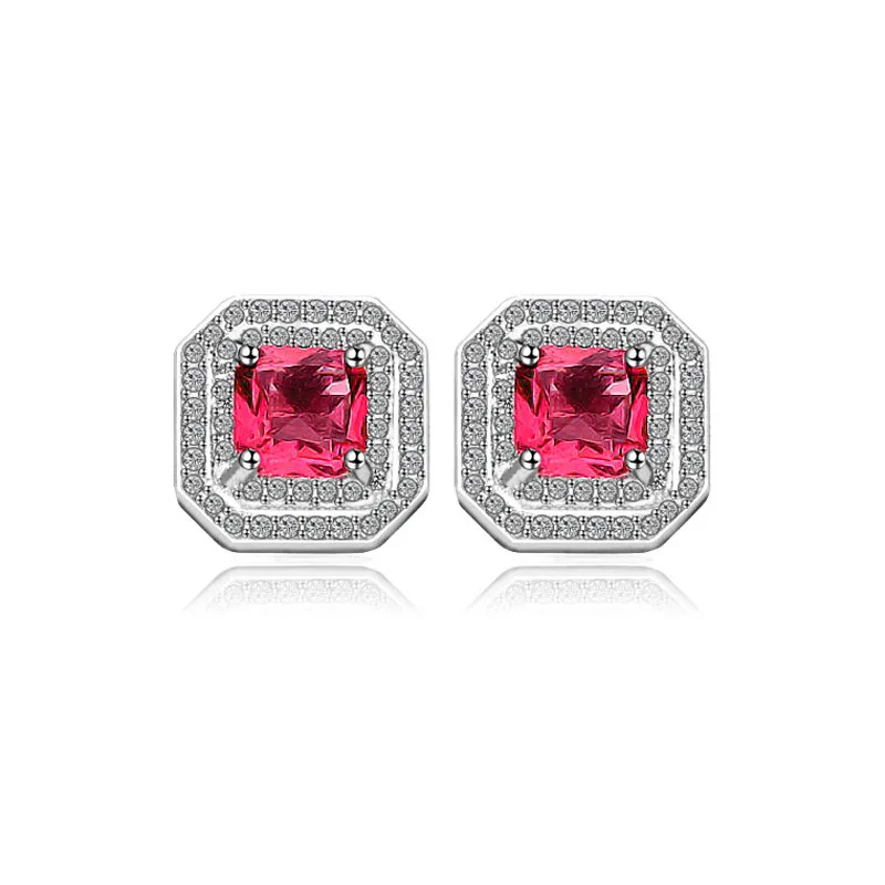 Women Trendy Square Shape Red Color Gems Stud Earrings Solid 925 Sterling Silver Jewelry Hearts and Arrows Cut Earring Gift