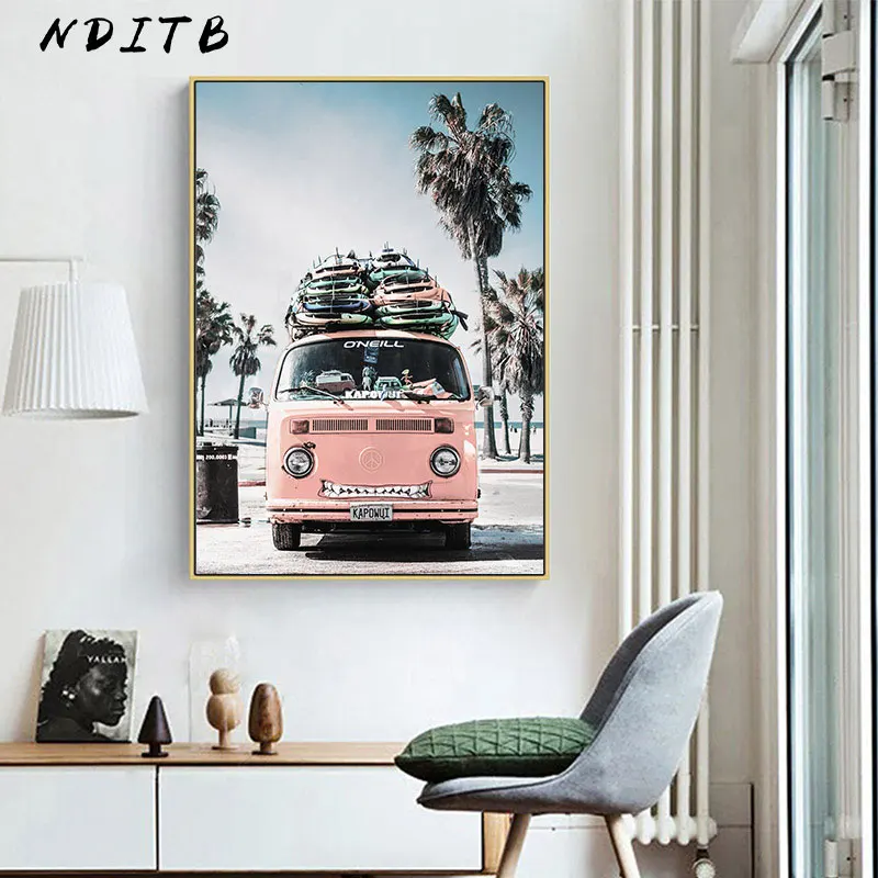 NDITB, скандинавский тропический пейзаж, постеры, современные принты, морской пляж, автобус, настенная живопись на холсте, скандинавские декоративные картины