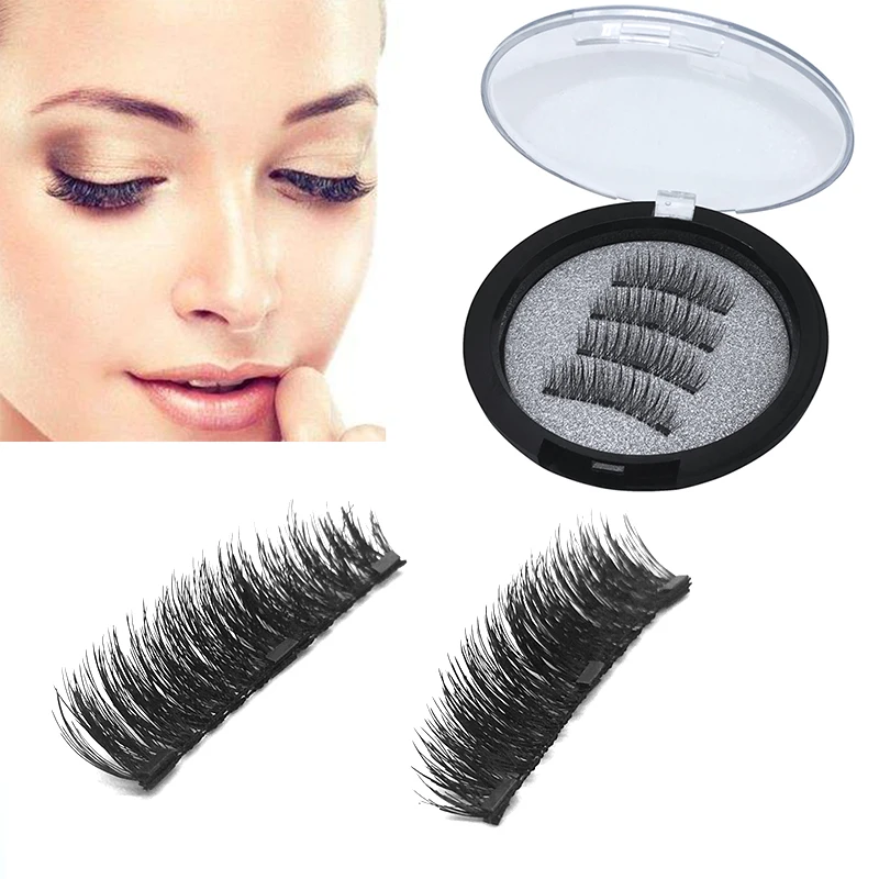

Natural 4pcs/pair 3 Magnetic Eyelashes 3D False Eyelashes With 3 Magnets Handmade Fake Lashes Extension With Gift Box