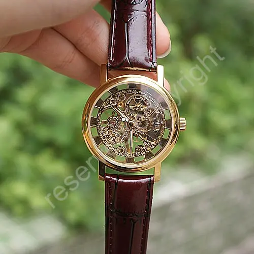 Achat Or Tone Creux Squelette Hommes de Madame Women Wind Up Mécanique Analogique Montre Bracelet Brun En Cuir Bande Cadeau En Gros Prix A368
