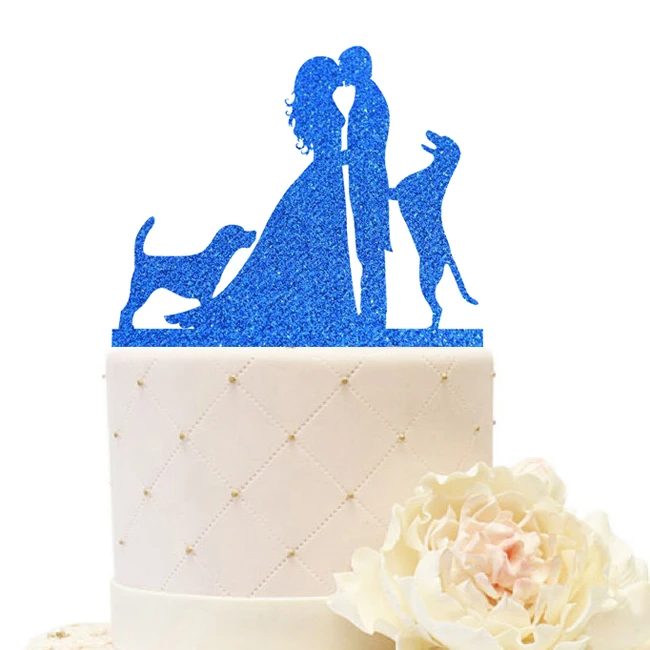 Blue Glitter Домашние собаки, свадебные топперы для тортов, персонализированные Семейные Жених и невеста с двумя собаками, акриловые деревянные украшения, розовые Серебристые золотистые блестящие - Цвет: Blue Glitter