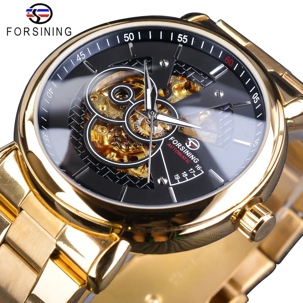 

Forsining 2018 Black Golden Skeleton Clock Luminous Hands Design Gold Stainless Steel Men's Automatic Watches Top Brand Luxury