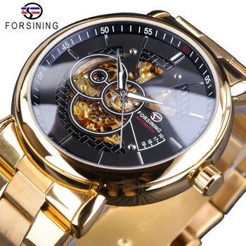 

Forsining 2018 Black Golden Skeleton Clock Luminous Hands Design Gold Stainless Steel Men's Automatic Watches Top Brand Luxury